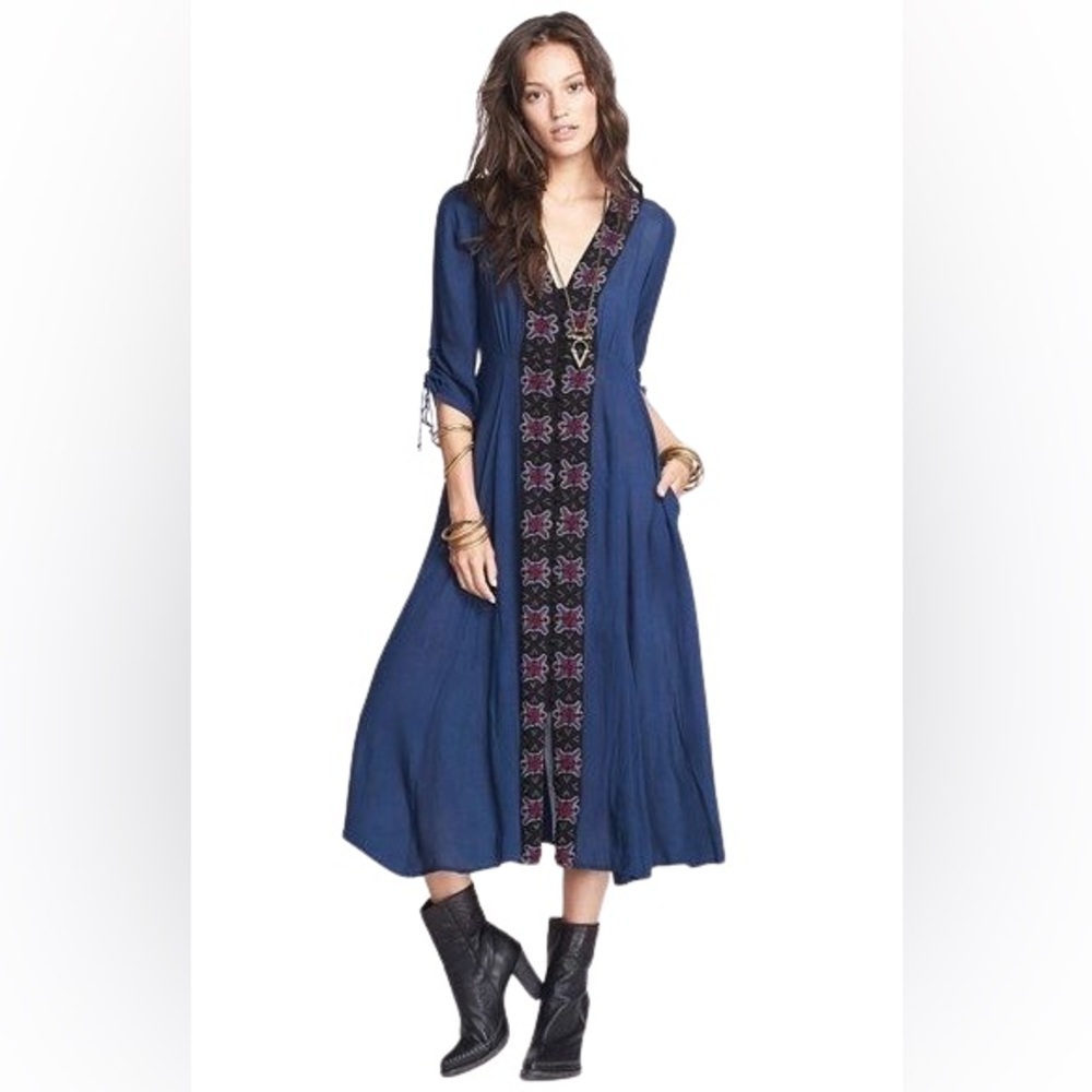 Free People Journey to the Horizon Embroidered Midi Dress in Night Shadow
